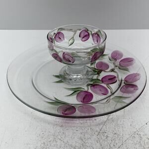 Hand Painted Clear Glass Plate & Footed Dessert Bowl Signed A.Ward Vintage